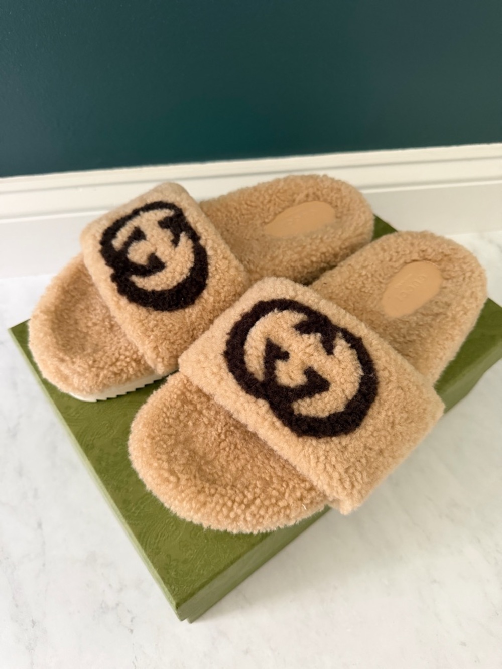 Gucci Teddy Shearling Logo Slides - Beige with Brown Logo